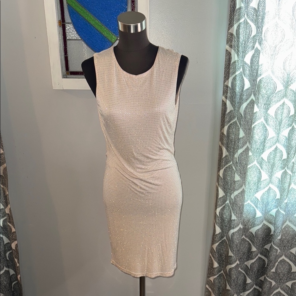 Bebe Open Back Bedazzled Pale Pink Ruched Bodycon Dress SZ Small